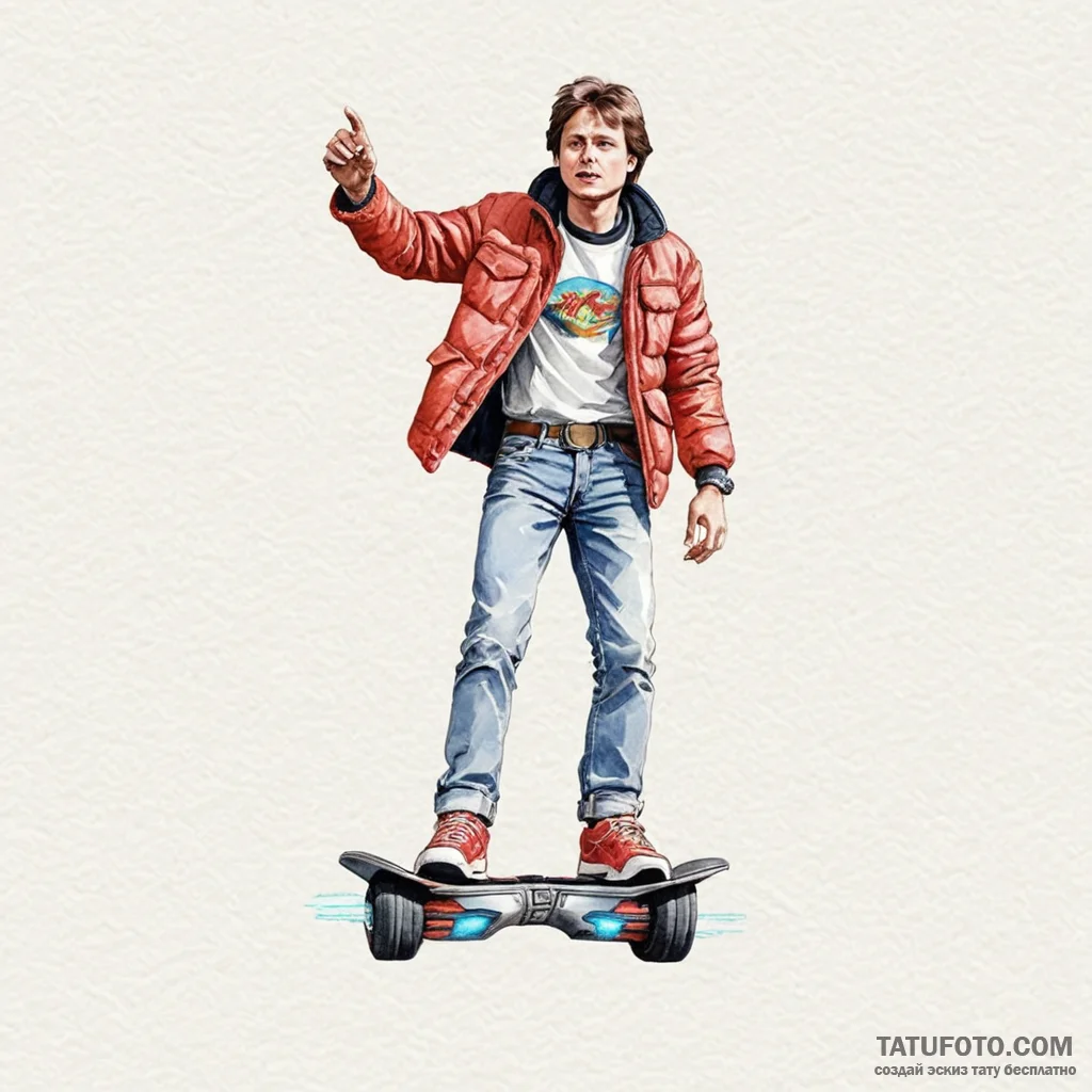 128. a watercolor sketch of marty mcfly on th... - эскиз тату (№1750388636_0, 20.06.2025 03:03) — Tatufoto.com