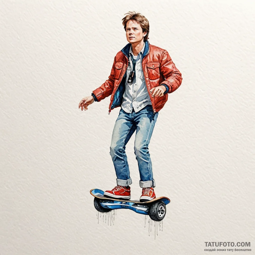 128. a watercolor sketch of marty mcfly on th... - эскиз тату (№1750388636_1, 20.06.2025 03:03) — Tatufoto.com