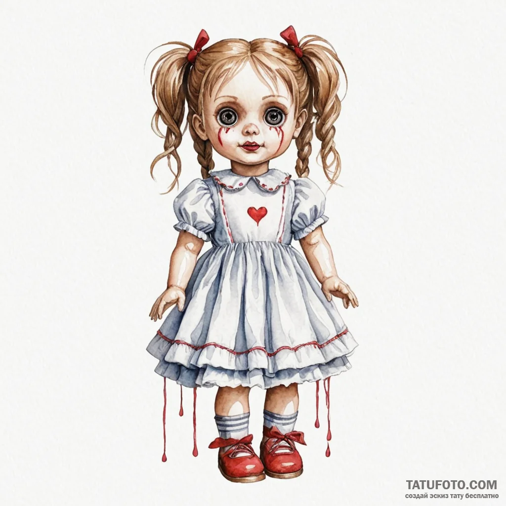 A watercolor sketch of the creepy doll from p... - эскиз тату (№1750392488_0, 20.06.2025 04:08) — Tatufoto.com