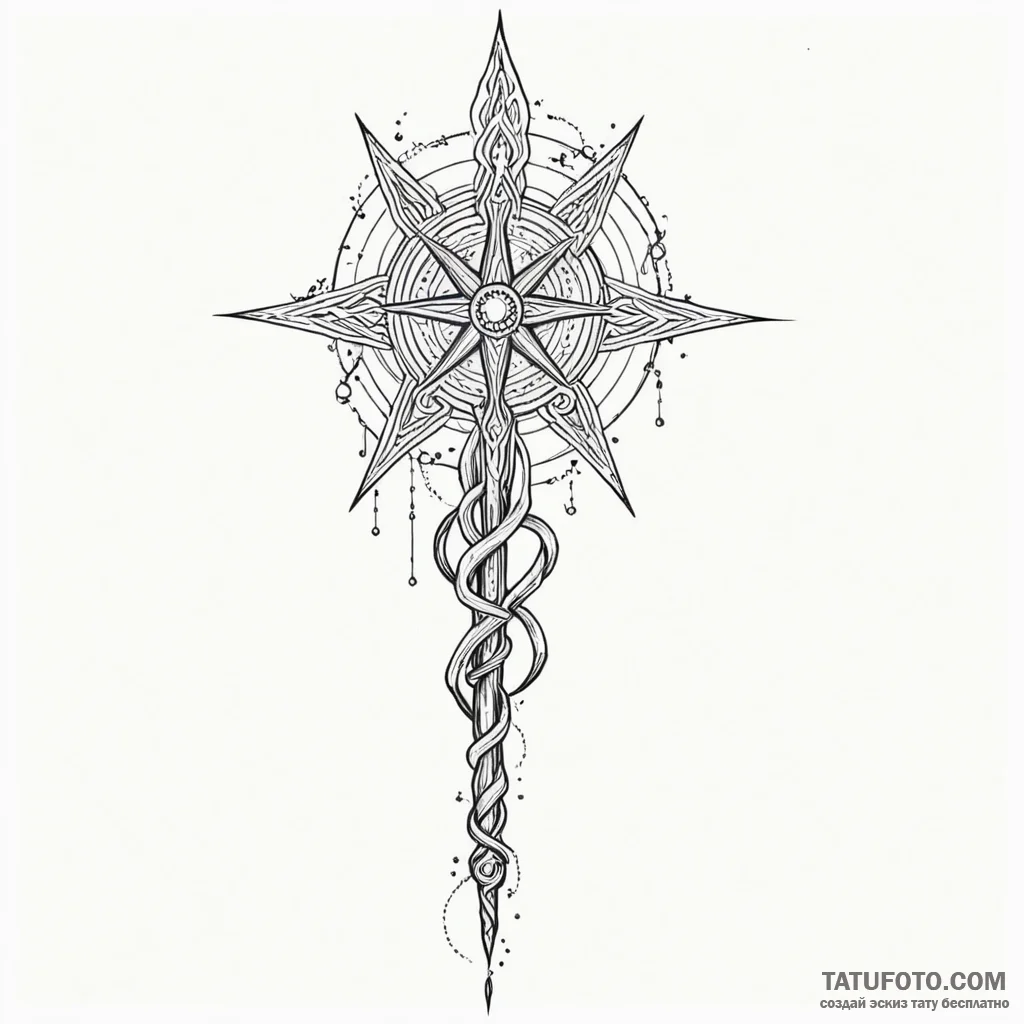 A linework tattoo of the elder wand, detailed... - эскиз тату (№1750400398_1, 20.06.2025 06:19) — Tatufoto.com