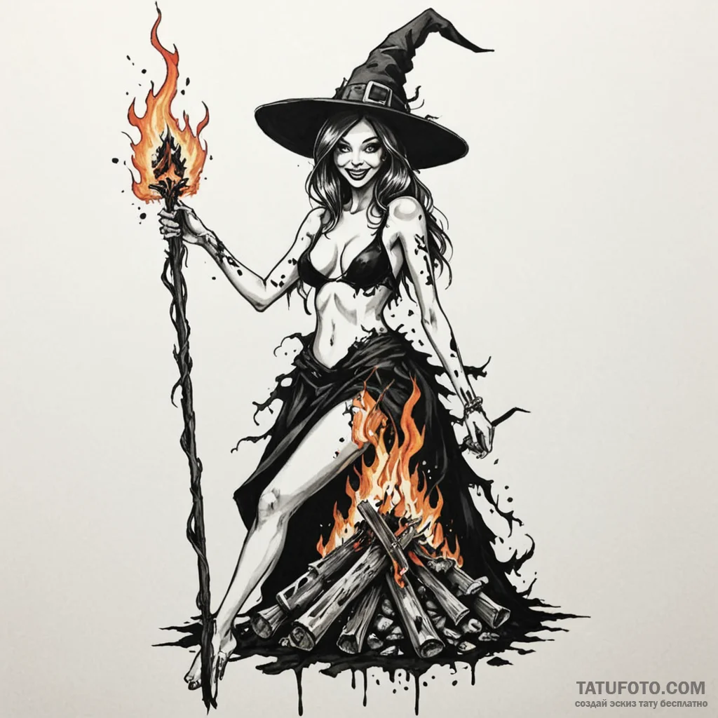A trash polka tattoo of a beautiful witch bei... - эскиз тату (№1750405003_1, 20.06.2025 07:36) — Tatufoto.com