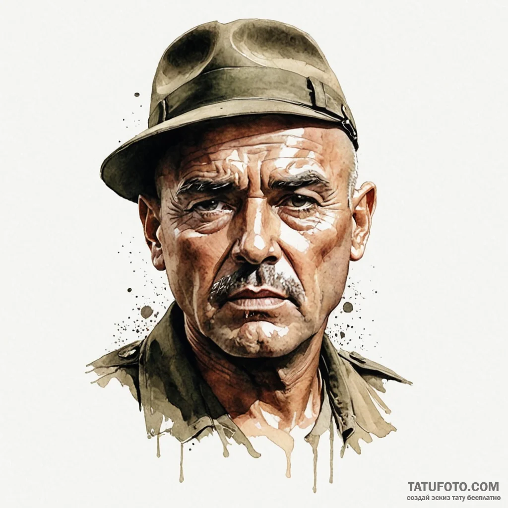 A watercolor sketch of colonel kurtz's face e... - эскиз тату (№1750405967_0, 20.06.2025 07:52) — Tatufoto.com