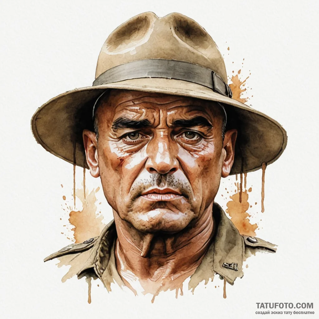 A watercolor sketch of colonel kurtz's face e... - эскиз тату (№1750405967_1, 20.06.2025 07:52) — Tatufoto.com