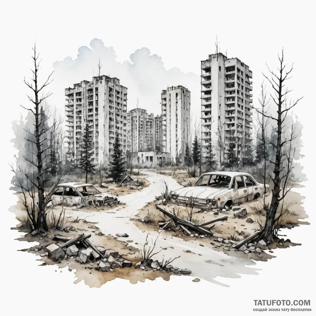 A watercolor sketch of the eerie, empty city... - эскиз тату (№1750406940_0, 20.06.2025 08:09) — Tatufoto.com