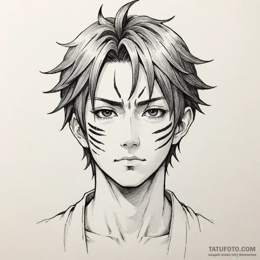 A sketch of itadori yuji with sukuna's markin... - эскиз тату (№1750409698_0, 20.06.2025 08:54) — Tatufoto.com