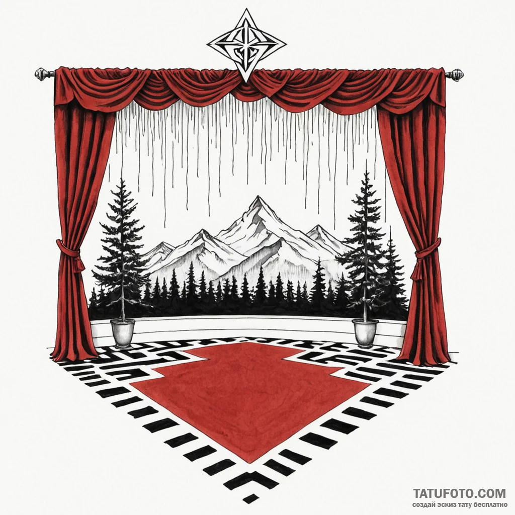 A surrealist tattoo sketch of the black lodge... - эскиз тату (№1750411192_0, 20.06.2025 09:19) — Tatufoto.com