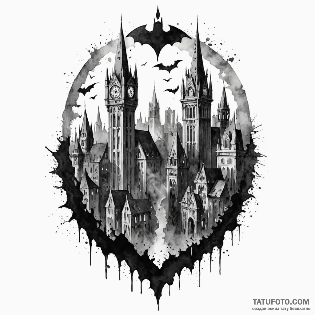 A watercolor sketch of gotham city, dark and... - эскиз тату (№1750414026_1, 20.06.2025 10:07) — Tatufoto.com