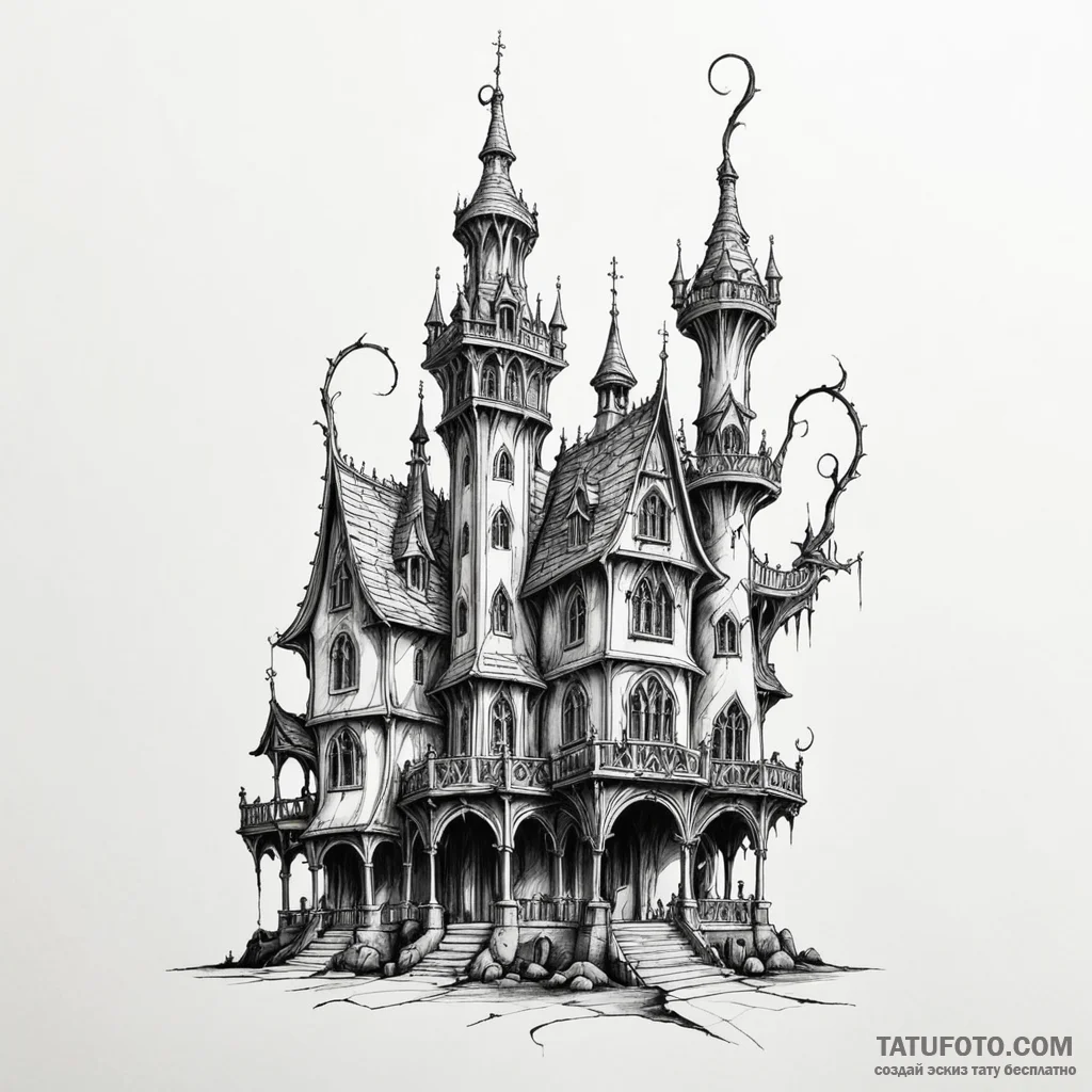 A sketch of the twisted, gothic architecture... - эскиз тату (№1750427407_1, 20.06.2025 13:50) — Tatufoto.com