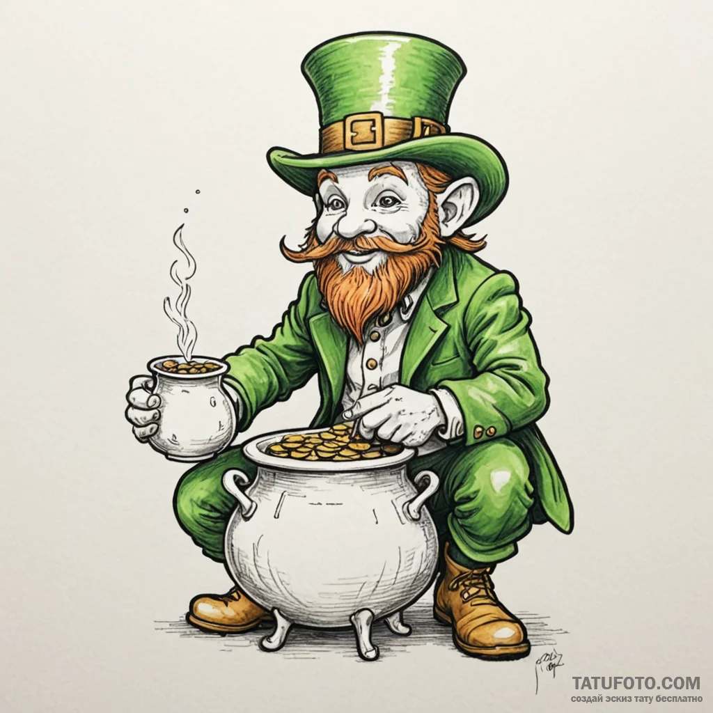 A sketch of a leprechaun with his pot of gold... - эскиз тату (№1750431141_0, 20.06.2025 14:52) — Tatufoto.com