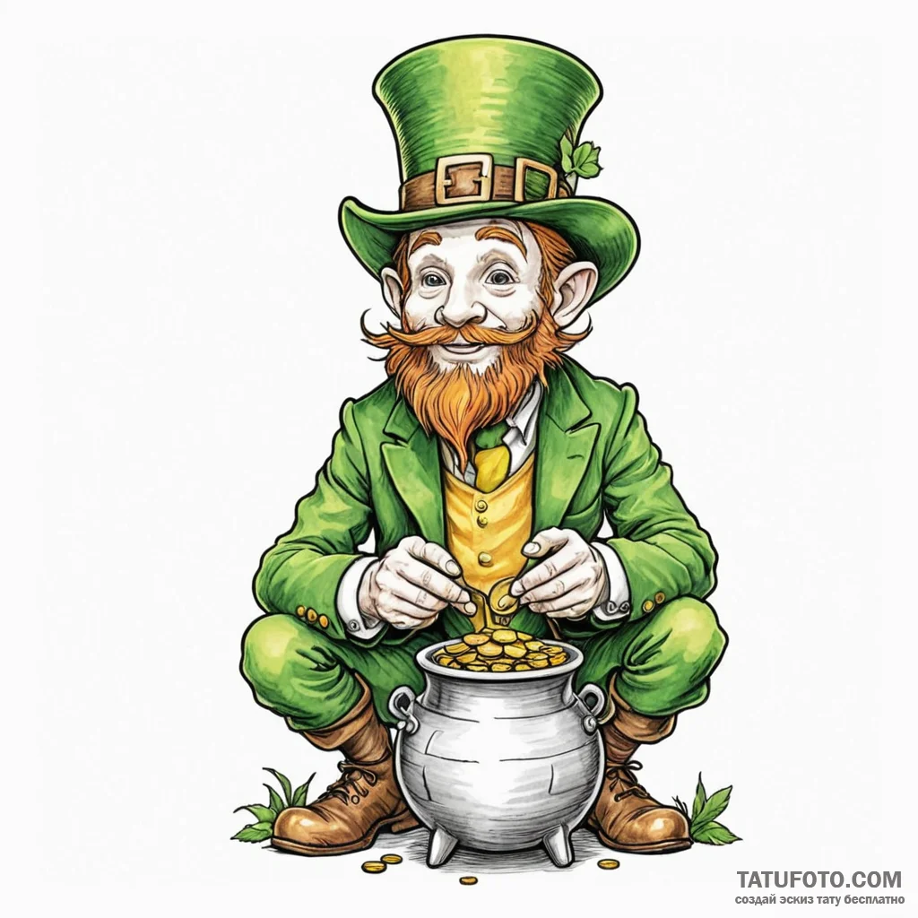 A sketch of a leprechaun with his pot of gold... - эскиз тату (№1750431141_1, 20.06.2025 14:52) — Tatufoto.com