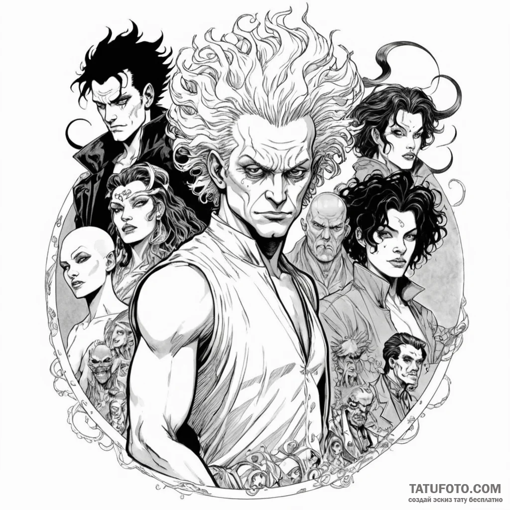 A graphic novel panel of the main characters... - эскиз тату (№1750434757_0, 20.06.2025 15:52) — Tatufoto.com