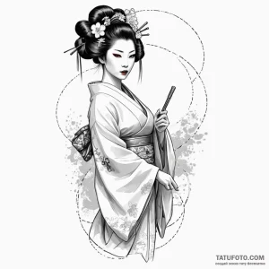 A sketch of the geisha hologram advertisement... - эскиз тату (№1750441944_0, 20.06.2025 17:52) — Tatufoto.com