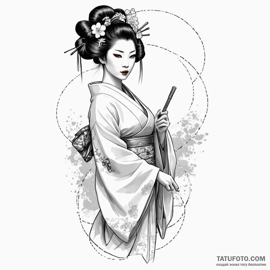 A sketch of the geisha hologram advertisement... - эскиз тату (№1750441944_0, 20.06.2025 17:52) — Tatufoto.com