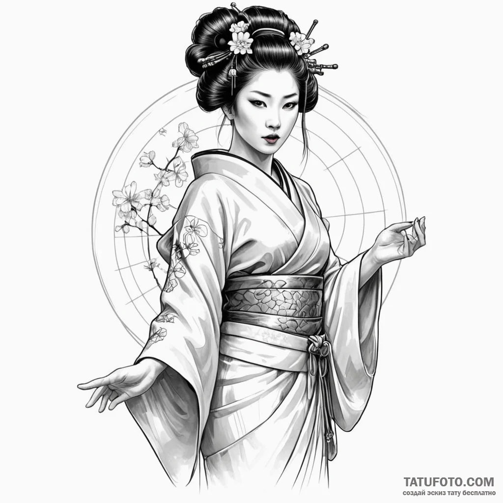 A sketch of the geisha hologram advertisement... - эскиз тату (№1750441944_1, 20.06.2025 17:52) — Tatufoto.com