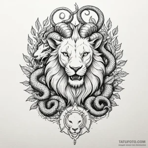 A dotwork design of a chimera, combining a li... - эскиз тату (№1750445542_0, 20.06.2025 18:52) — Tatufoto.com