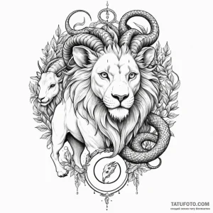 A dotwork design of a chimera, combining a li... - эскиз тату (№1750445542_1, 20.06.2025 18:52) — Tatufoto.com