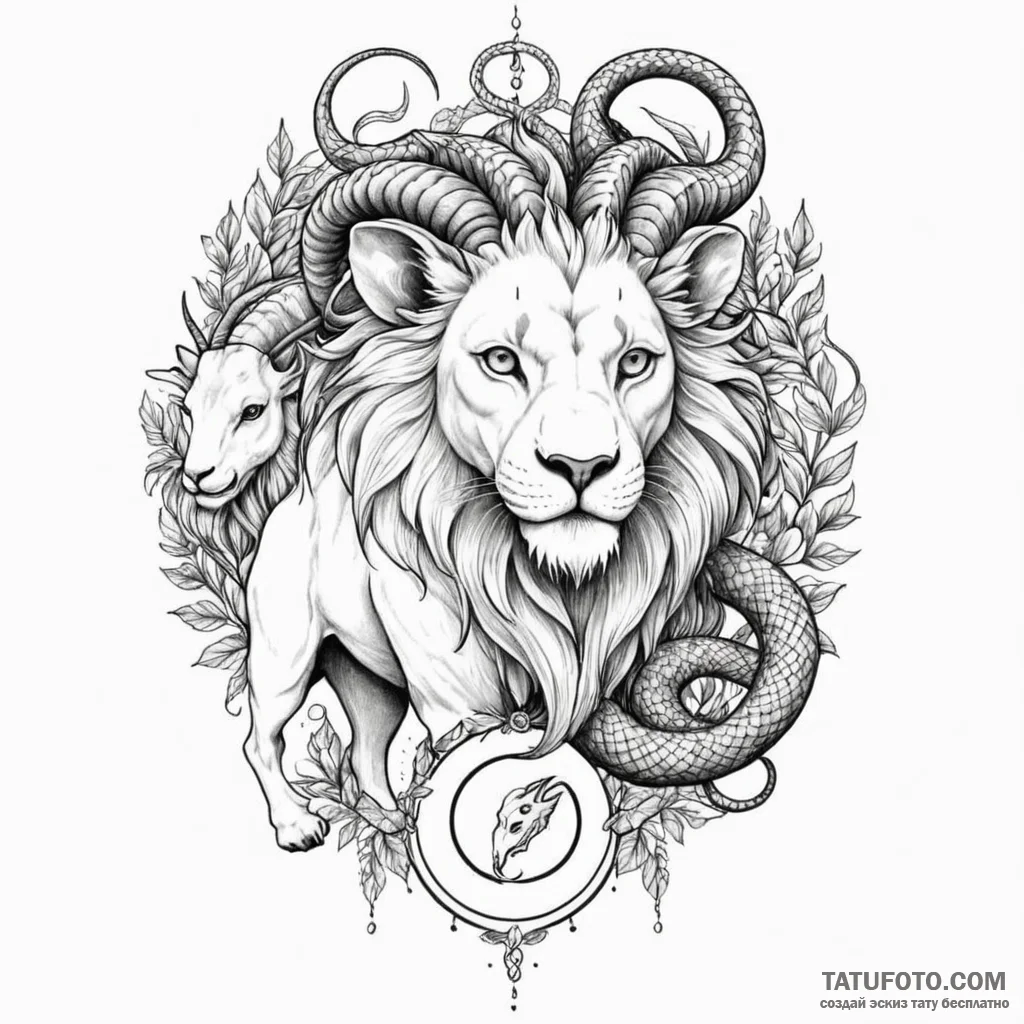 A dotwork design of a chimera, combining a li... - эскиз тату (№1750445542_1, 20.06.2025 18:52) — Tatufoto.com