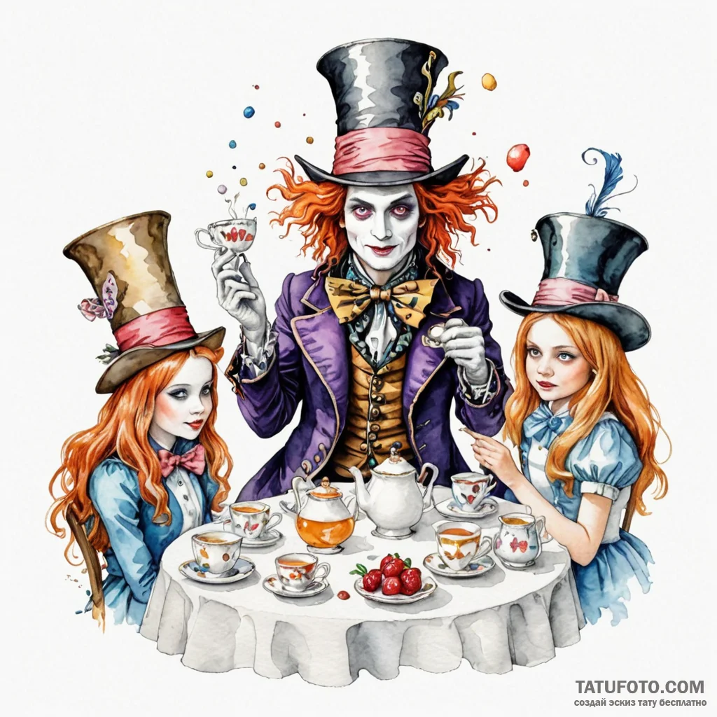 A watercolor tattoo of the mad hatter's tea p... - эскиз тату (№1750447085_1, 20.06.2025 19:18) — Tatufoto.com