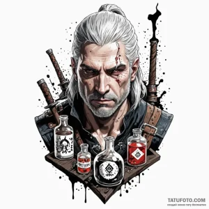 A trash polka tattoo of geralt of rivia, his... - эскиз тату (№1750449930_0, 20.06.2025 20:05) — Tatufoto.com