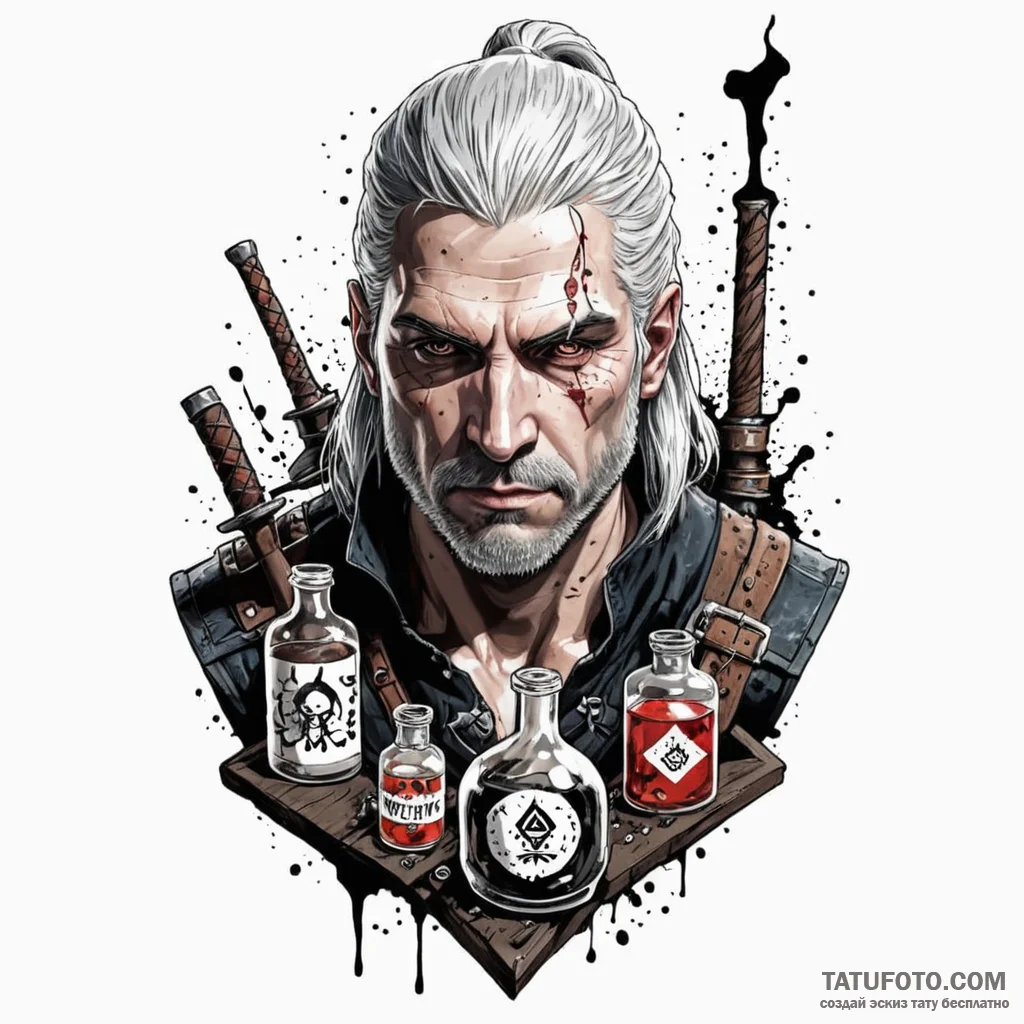 A trash polka tattoo of geralt of rivia, his... - эскиз тату (№1750449930_0, 20.06.2025 20:05) — Tatufoto.com