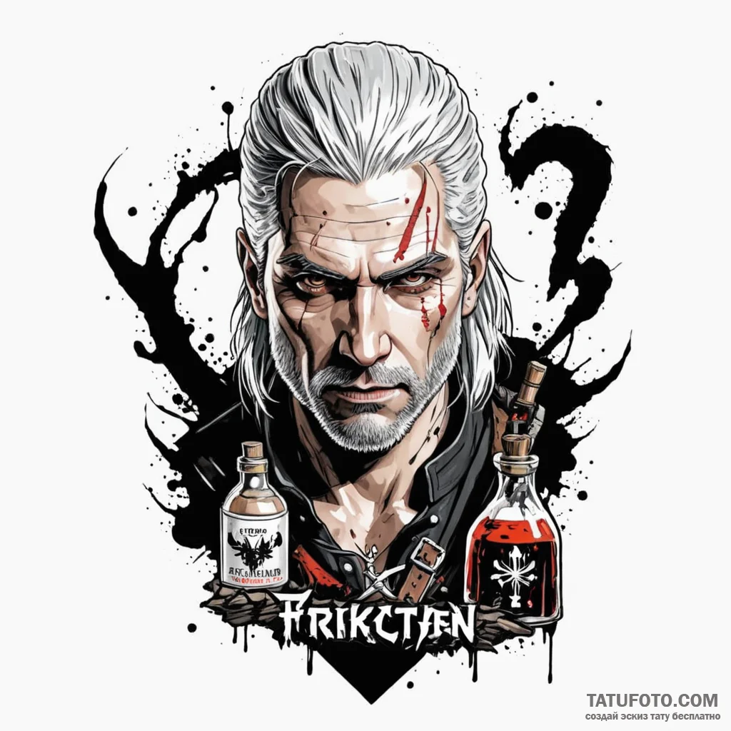 A trash polka tattoo of geralt of rivia, his... - эскиз тату (№1750449930_1, 20.06.2025 20:05) — Tatufoto.com