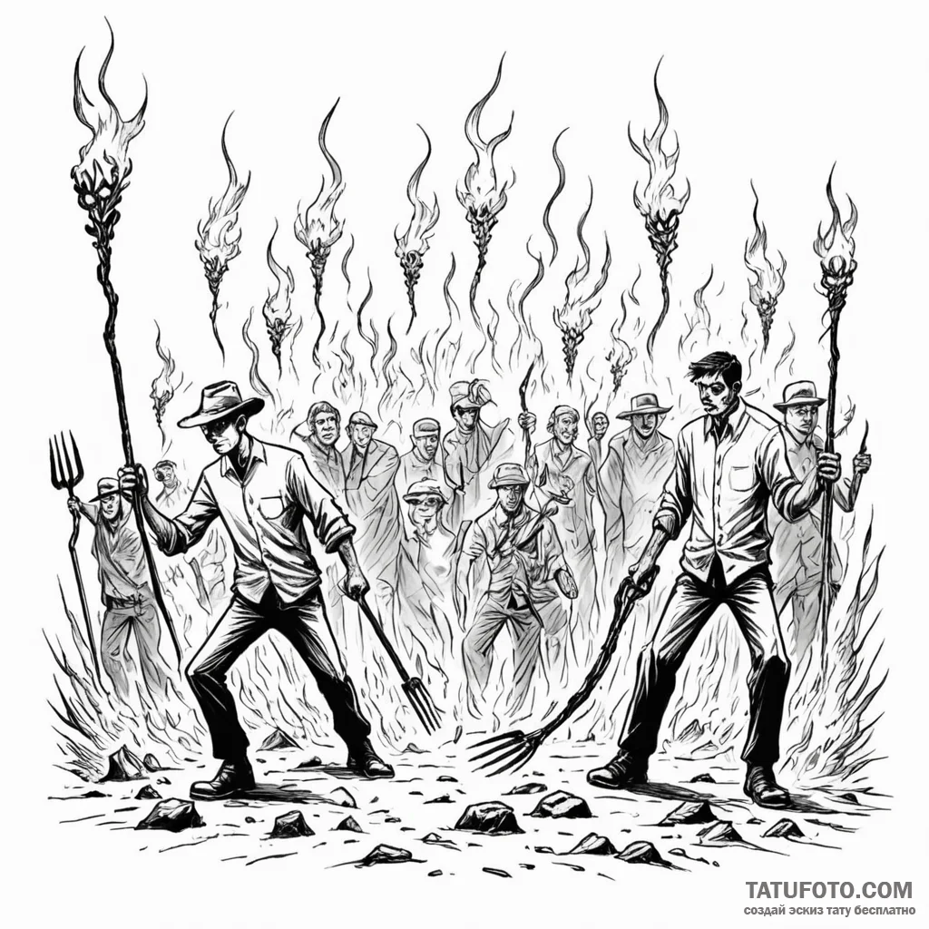 A graphic novel panel of a mob with torches a... - эскиз тату (№1750451637_0, 20.06.2025 20:33) — Tatufoto.com
