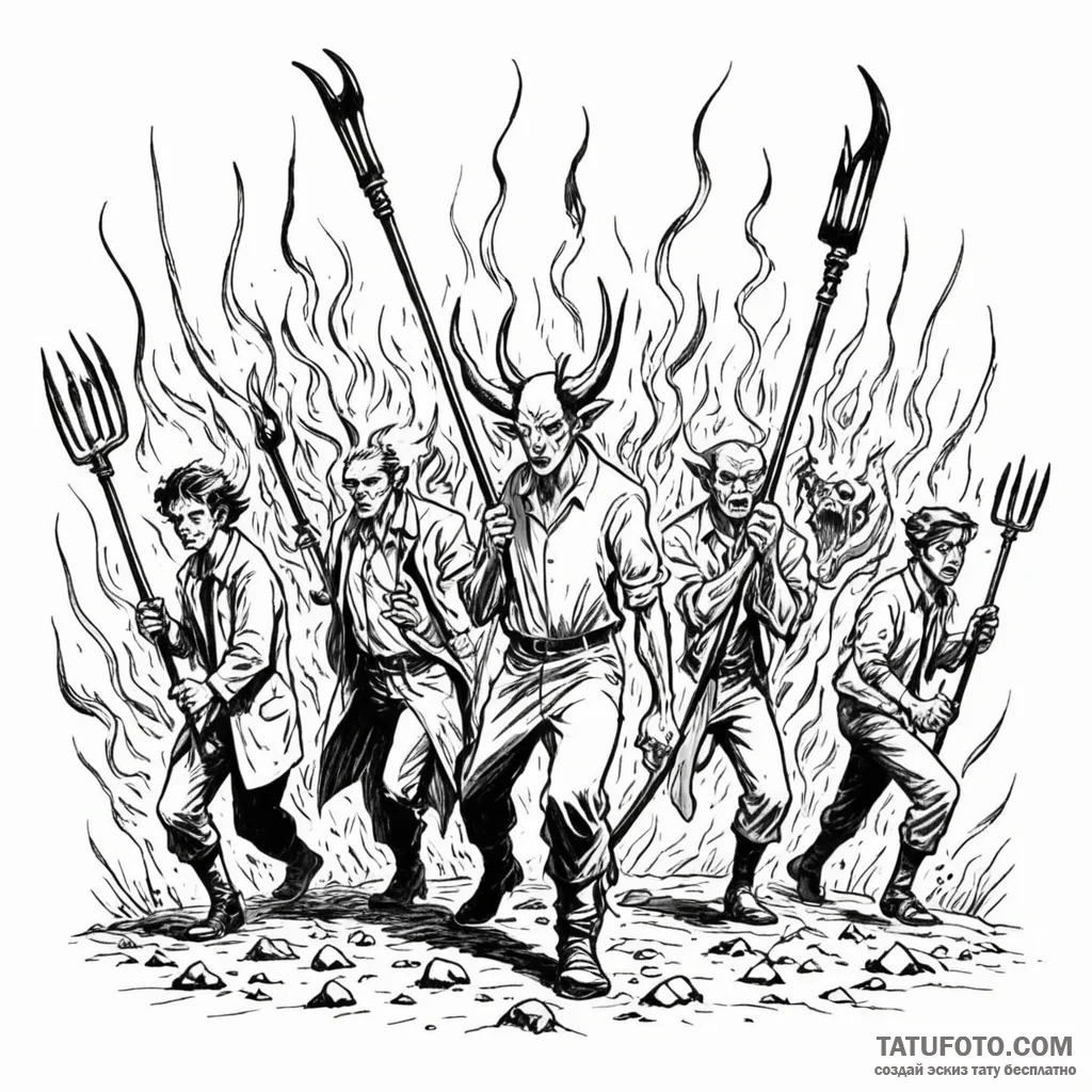 A graphic novel panel of a mob with torches a... - эскиз тату (№1750451637_1, 20.06.2025 20:33) — Tatufoto.com
