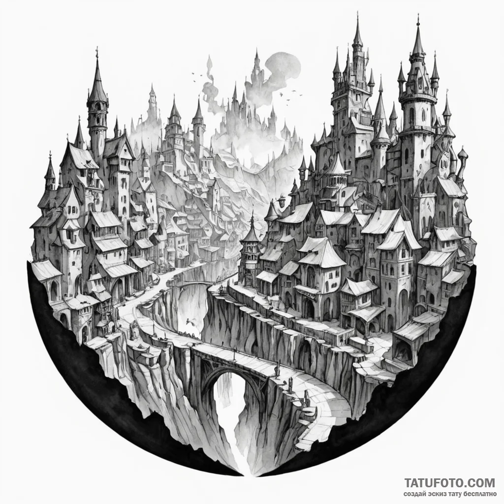 A watercolor sketch of the city of piltover v... - эскиз тату (№1750454220_0, 20.06.2025 21:17) — Tatufoto.com