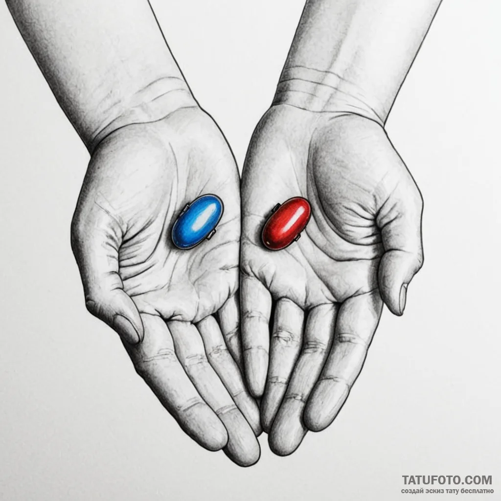 A dotwork tattoo of the red pill and the blue... - эскиз тату (№1750455197_0, 20.06.2025 21:33) — Tatufoto.com