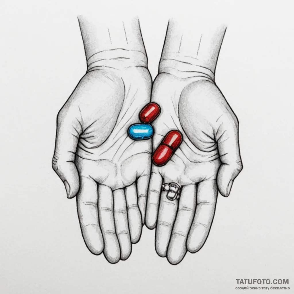 A dotwork tattoo of the red pill and the blue... - эскиз тату (№1750455197_1, 20.06.2025 21:33) — Tatufoto.com