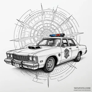 A tattoo of the "spinner" police car, detaile... - эскиз тату (№1750457151_1, 20.06.2025 22:05) — Tatufoto.com