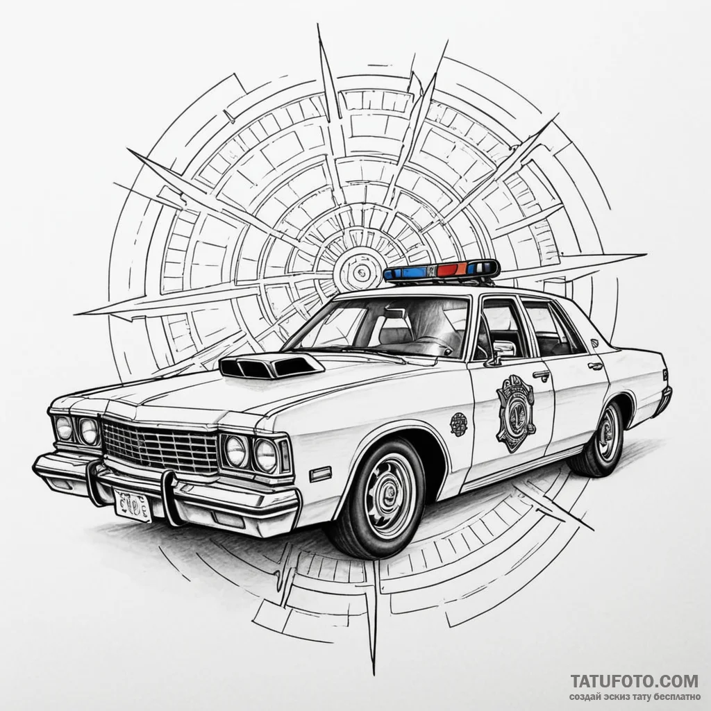 A tattoo of the "spinner" police car, detaile... - эскиз тату (№1750457151_1, 20.06.2025 22:05) — Tatufoto.com