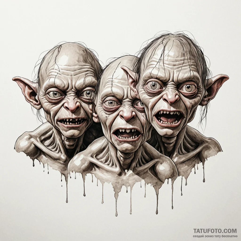 A sketch of gollum/smeagol, his face split be... - эскиз тату (№1750466162_0, 21.06.2025 00:36) — Tatufoto.com