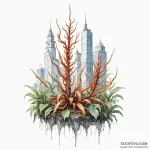 A watercolor sketch of a city overgrown with… — эскиз тату (№1750476750_1, 21.06.2025 03:32) — Tatufoto.com