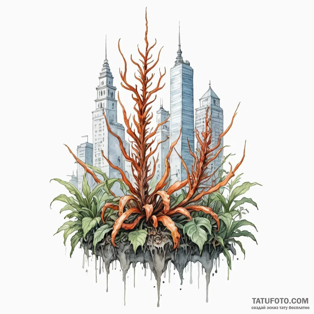 A watercolor sketch of a city overgrown with... - эскиз тату (№1750476750_1, 21.06.2025 03:32) — Tatufoto.com