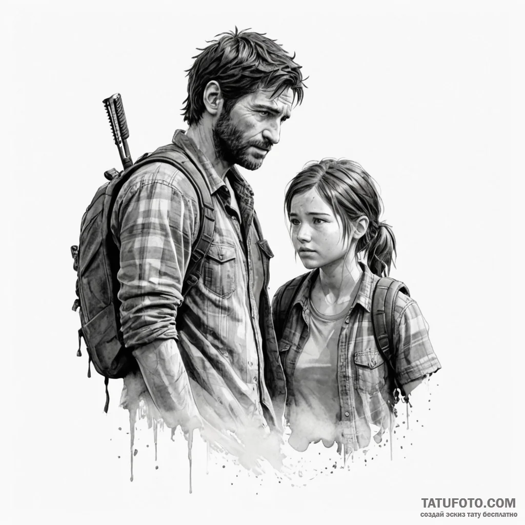 A watercolor sketch of ellie and joel from th... - эскиз тату (№1750476987_1, 21.06.2025 03:36) — Tatufoto.com
