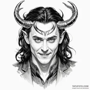 A graphic novel style portrait of loki, the n... - эскиз тату (№1750505032_0, 21.06.2025 11:23) — Tatufoto.com