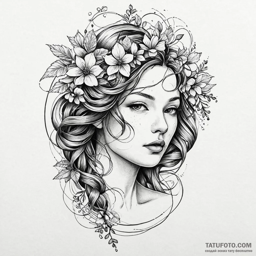 Portrait of a woman, her hair made of flowing... - эскиз тату (№1750524275_1, 21.06.2025 16:44) — Tatufoto.com