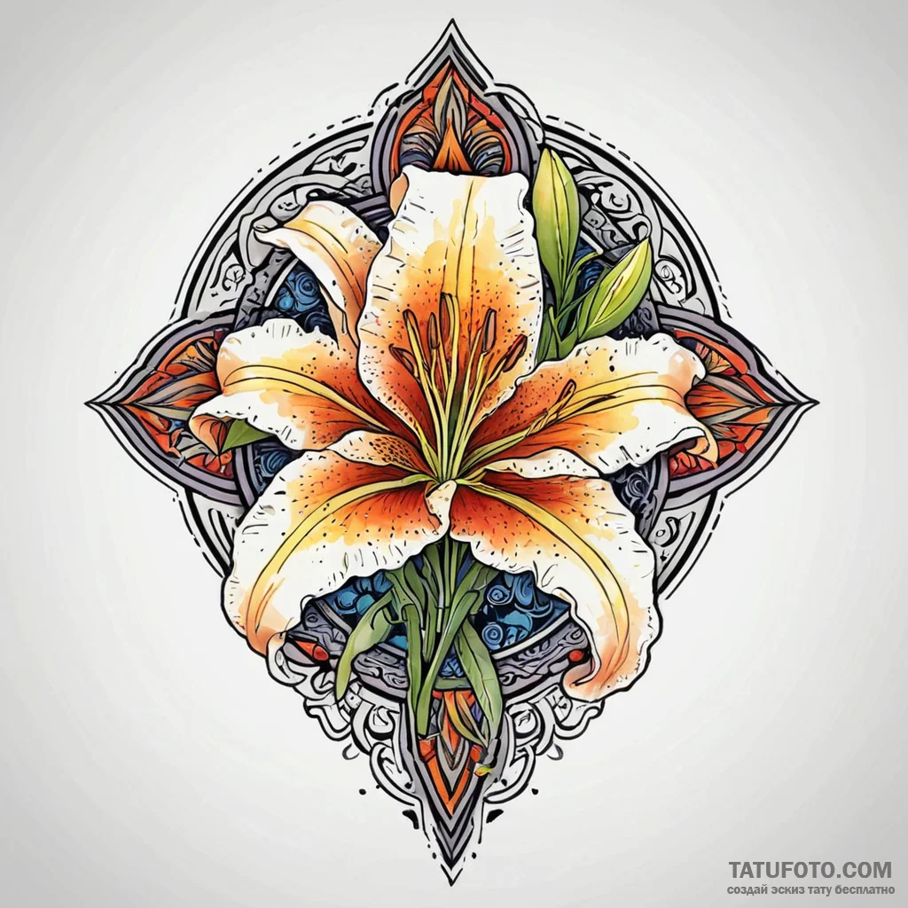 Lily, ink illustration for tattoo, vibrant co... - эскиз тату (№1750524451_1, 21.06.2025 16:47) — Tatufoto.com