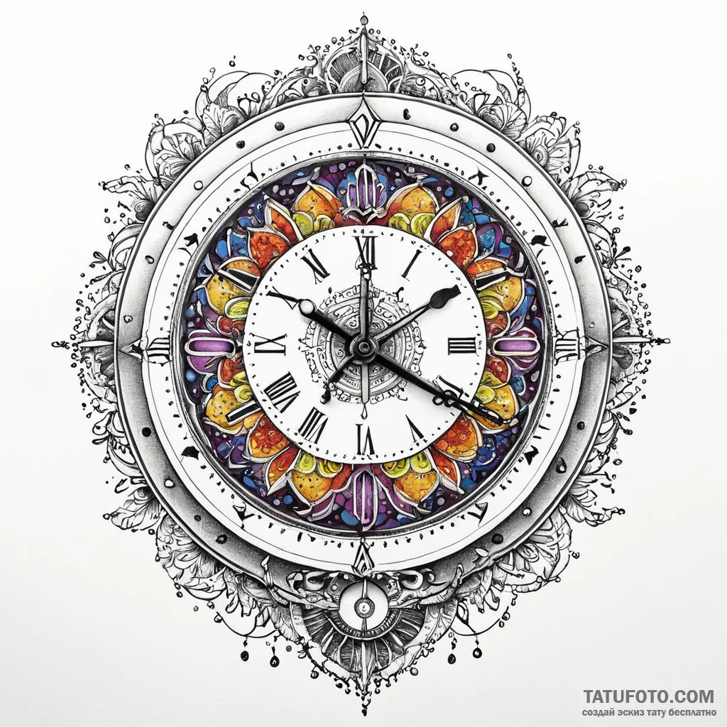 A detailed broken clock showing a specific ti... - эскиз тату (№1750525254_0, 21.06.2025 17:00) — Tatufoto.com