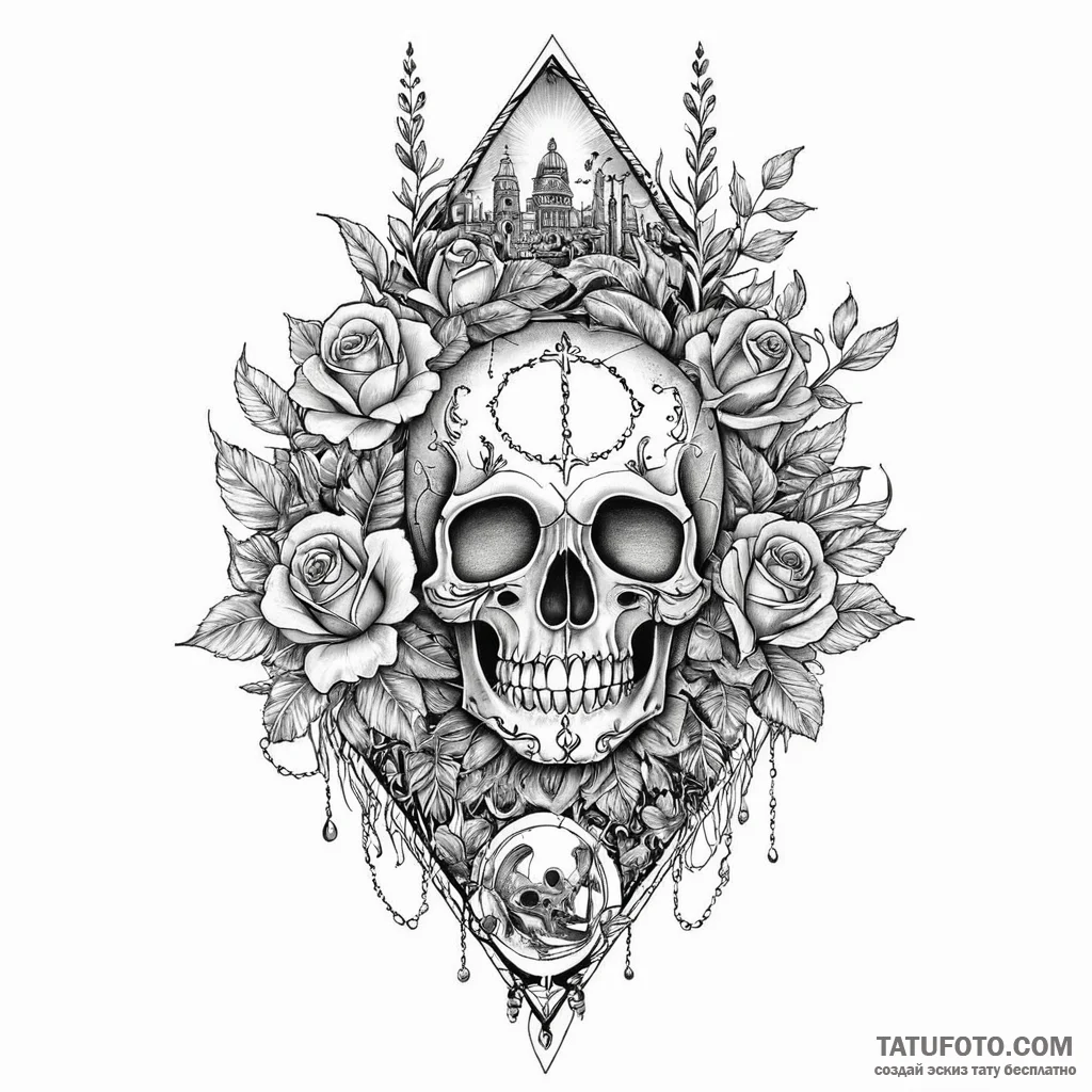 Coral reef growing on a submerged city, tatto... - эскиз тату (№1750526406_0, 21.06.2025 17:20) — Tatufoto.com