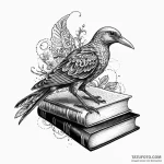 A whimsical bird perched on a book, knowledge… — эскиз тату (№1750527318_0, 21.06.2025 17:35) — Tatufoto.com