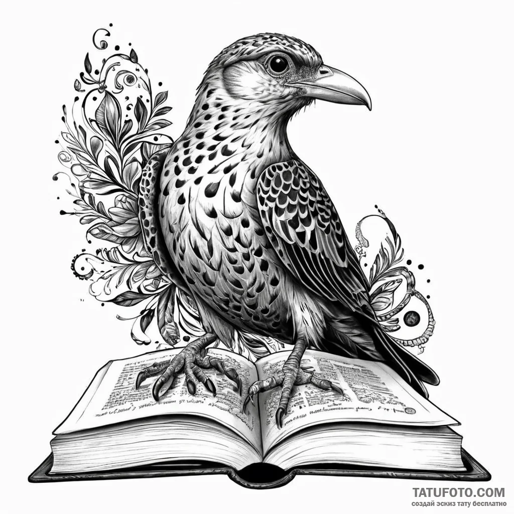 A whimsical bird perched on a book, knowledge... - эскиз тату (№1750527318_1, 21.06.2025 17:35) — Tatufoto.com