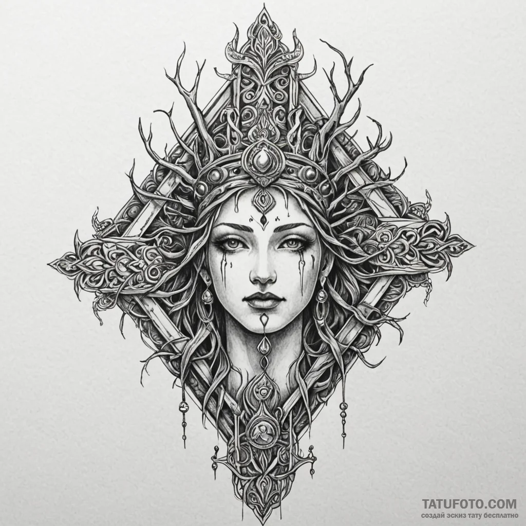 Temple relic crowned in roots, artistic tatto... - эскиз тату (№1750528894_0, 21.06.2025 18:01) — Tatufoto.com
