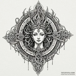 Temple relic crowned in roots, artistic tatto... - эскиз тату (№1750528894_1, 21.06.2025 18:01) — Tatufoto.com