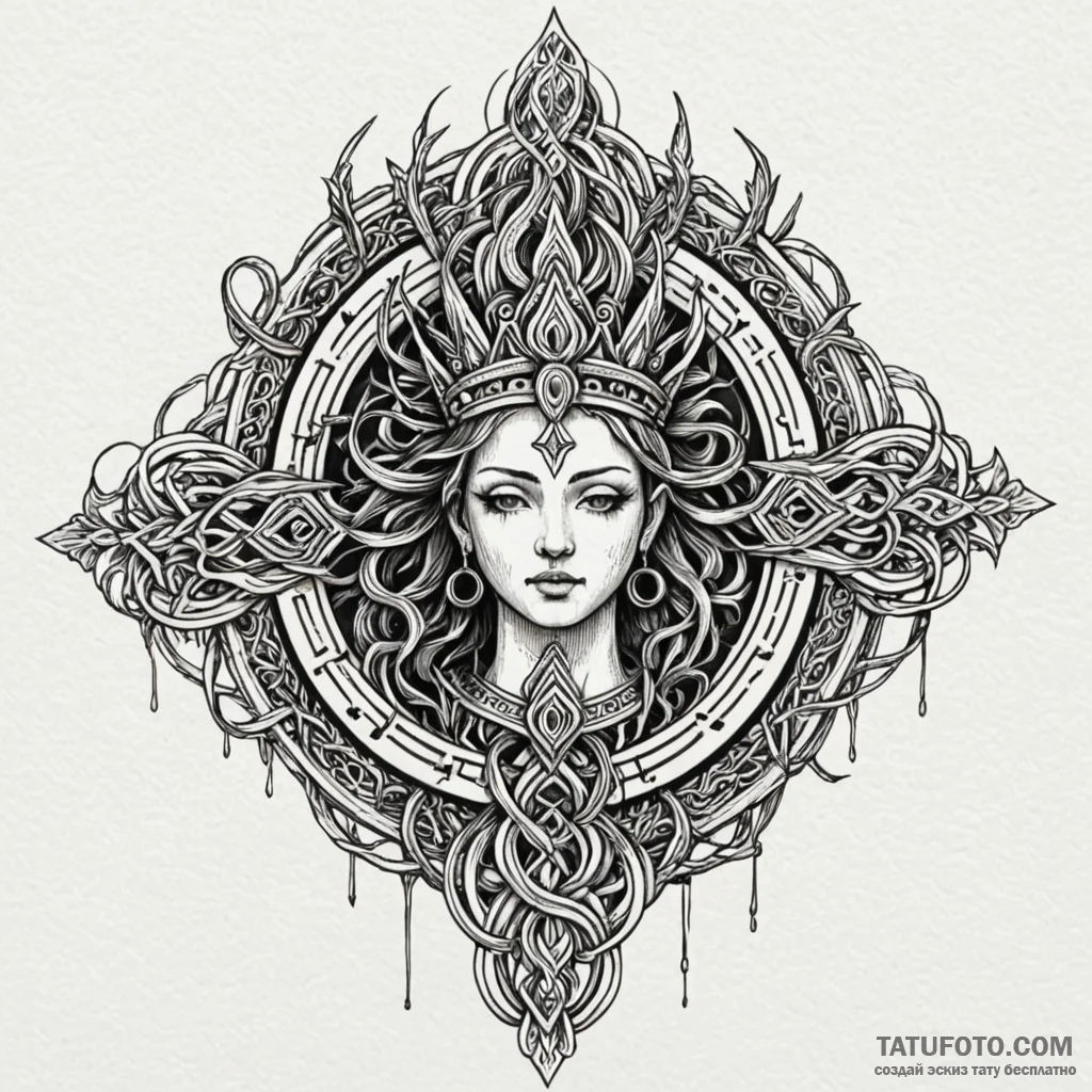 Temple relic crowned in roots, artistic tatto... - эскиз тату (№1750528894_1, 21.06.2025 18:01) — Tatufoto.com