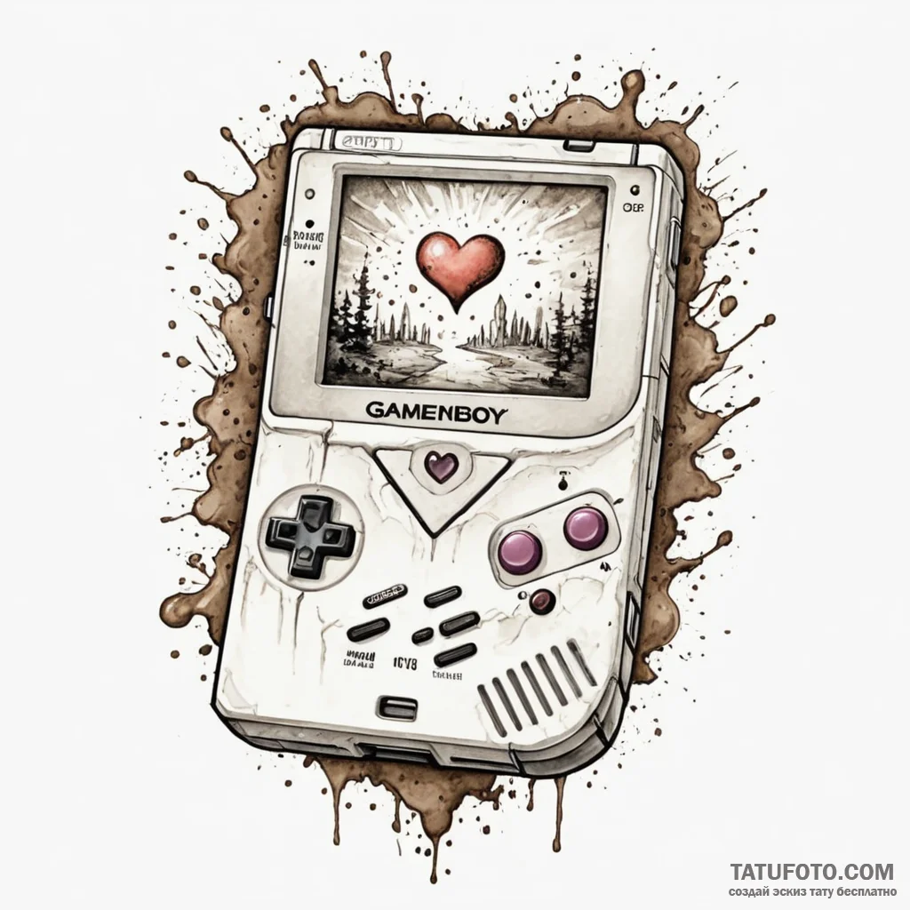 Game boy with a heart on the screen, artistic... - эскиз тату (№1750528980_1, 21.06.2025 18:03) — Tatufoto.com