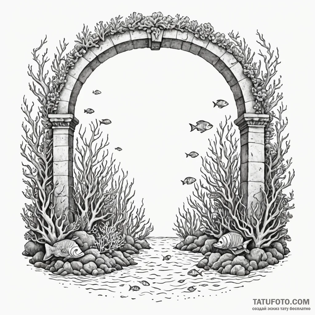 An underwater archway leading to a vibrant co... - эскиз тату (№1750529065_0, 21.06.2025 18:04) — Tatufoto.com