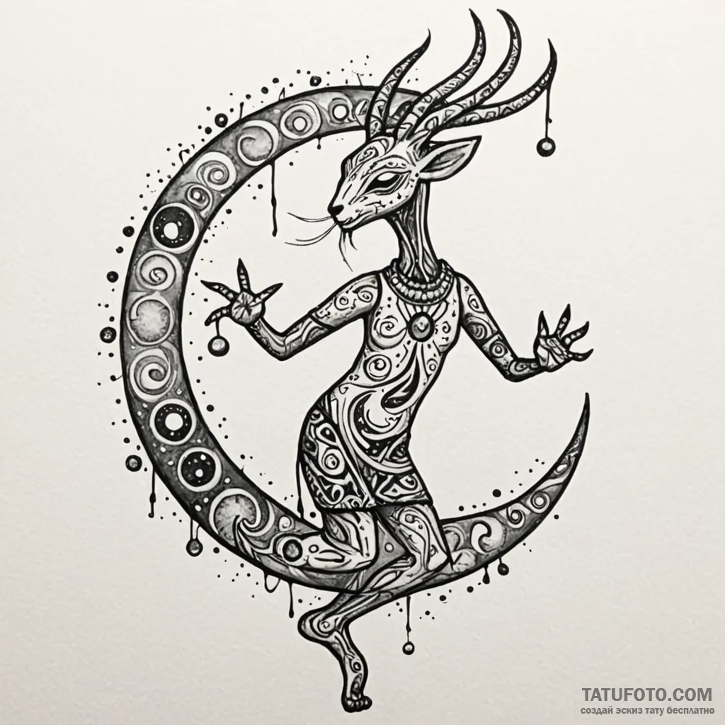 Kokopelli dancing on a moonbeam, tattoo drawi... - эскиз тату (№1750529925_0, 21.06.2025 18:18) — Tatufoto.com