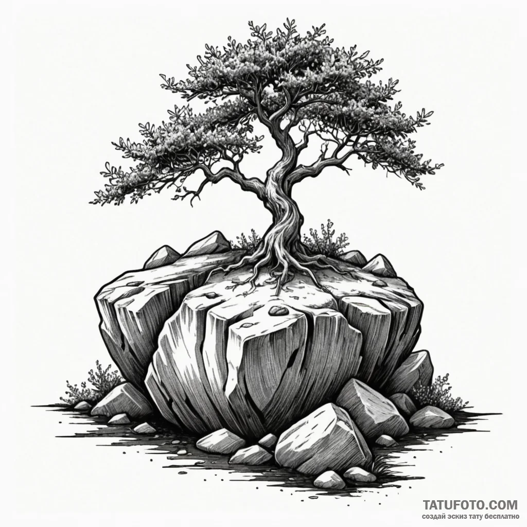 A strong boulder with a tree growing from it,... - эскиз тату (№1750533599_0, 21.06.2025 19:19) — Tatufoto.com